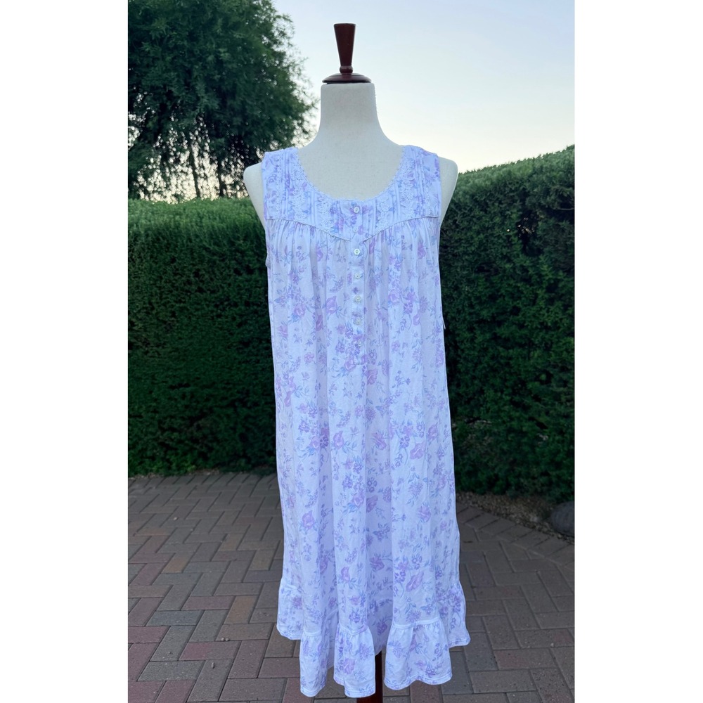 NWT Eileen West Floral Sleeveless Nightgown Purple Lace Pintuck Ruffle Hem Sz S